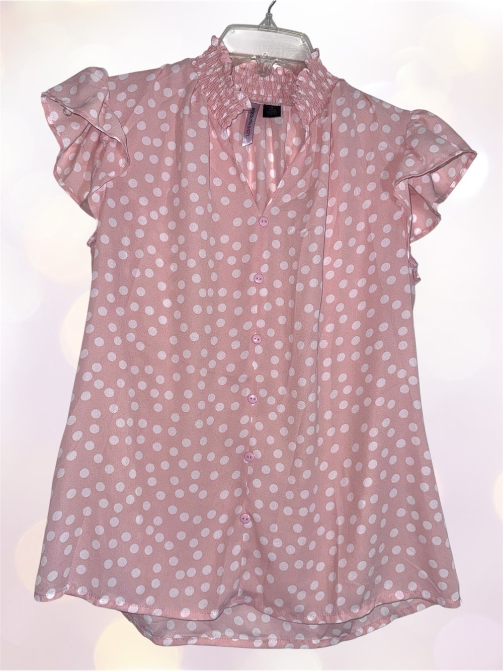 Love By Design Pink Polka Dot Blouse Ruffle Neck Cap Sleeves Button Details S